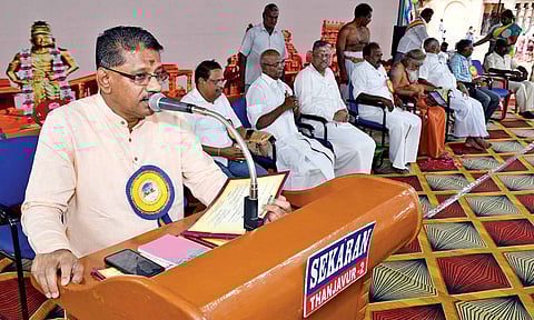 Madras High Court Judge Justice R Suresh Kumar delivering inaugural address at Raja Raja Cholan Sadaya Vizha at Big Temple on Saturday&nbsp;