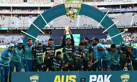 The Pakistan team pose with their trophy after winning their ODI match and series over Australia (PTI)&nbsp;