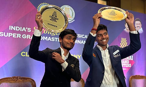 Aravindh Chithambaram and Pranav Venkatesh with their trophies&nbsp;