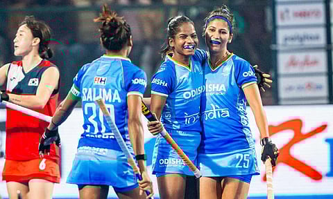 Indian players celebrate after scoring a goal during their Women's Asian Champions Trophy 2024 hockey match between India and South Korea, at Rajgir (PTI)&nbsp;