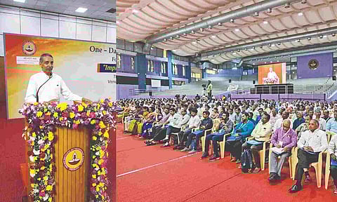 UGC chairman Jagadesh Kumar addressing a conference held at IIT-Madras on Thursday