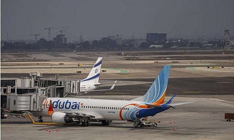 A Fly Dubai plane is parked on the tarmac at Ben Gurion International Airport near Lod (AP)