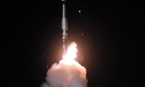 &nbsp;Flight trial of a long range hypersonic missile being successfully conducted at Dr. APJ Abdul Kalam Island, off-the-coast of Odisha. (Credit: PTI)&nbsp;