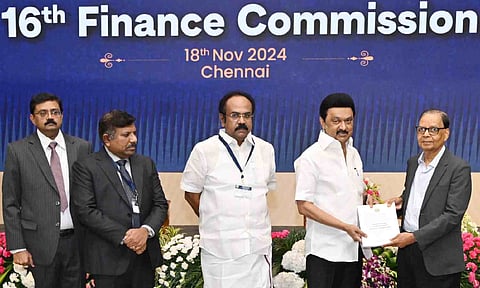 Chief Minister MK Stalin handing over Tamil Nadu's demands to Arvind Panagariya, the chairman of 16th Finance Commission, in Chennai on Monday. Finance Minister Thangam Thennarasu, Chief Secretary N Muruganandam, and Finance Secretary T Udhayachandran were also present&nbsp;