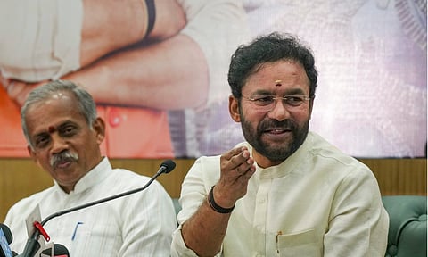 &nbsp;Union Minister G. Kishan Reddy along with J. Nanda Kumar, National Convenor of Pragna Pravah addresses a press conference regarding 'LokManthan 2024 (PTI)