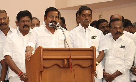 Minister KN Nehru addressing party workers in Tiruchy on Tuesday
