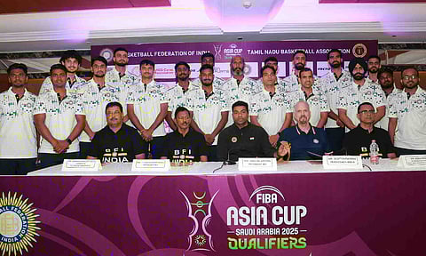 Team India basketball team with other dignitaries onstage during press conference on Tuesday