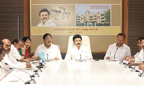 (L to R) General Secretary Duraimurugan, DMK President MK Stalin &amp; Treasurer TR Baalu