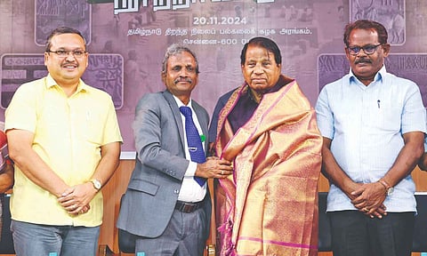 Founder-Chairman of Tamiliyakkam G Viswanathan felicitated during the centennial celebration of the Indus Valley Survey, organised in the city on Wednesday