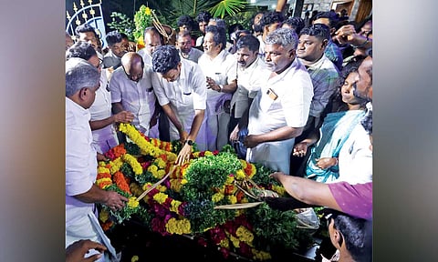 Anbil Mahesh Poyyamozhi pays tribute to slain teacher on Wednesday&nbsp;