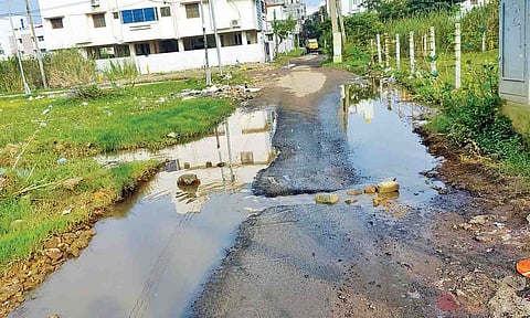 Water stagnation has rendered the road unusable at Azhaghu Nagar in Kolathur&nbsp;