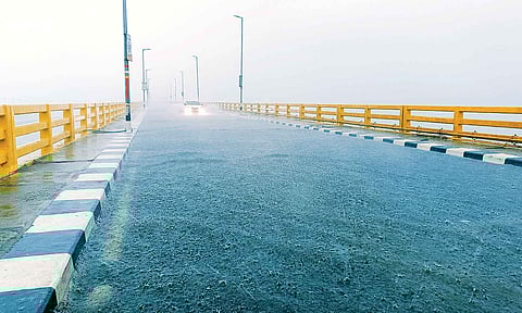 Torrential rains on Wednesday caused flooding on Pamban road bridge&nbsp;