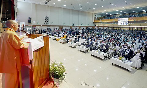 &nbsp;Uttar Pradesh Chief Minister Yogi Adityanath speaks during distribution of appointment letters to Forest Inspectors selected through a recruitment process by the UP Subordinate Services Selection Commission (PTI)