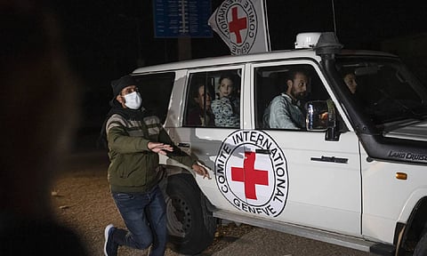 Ambulance carrying Israeli hostages at the Gaza Strip (AP)