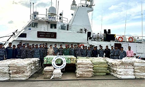 Indian Coast Guard personnel apprehend a Myanmarese fishing boat with approximately 5500 kgs of Methamphetamine (X)