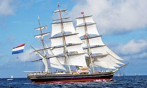 Stad Amsterdam, which operates entirely on wind power, arrived at the Chennai Port with 27 crew members and 8 passengers