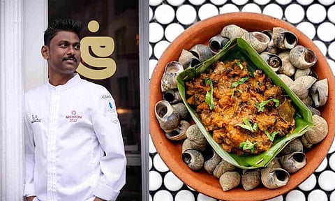 (L-R) Chef Vijaya Kumar; Nathai perattal dish
