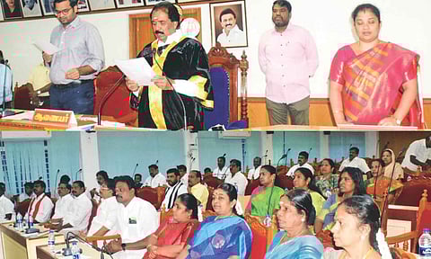 Council members during the council meeting presided by Mayor Mu Anbalagan (top) in Tiruchy on Friday