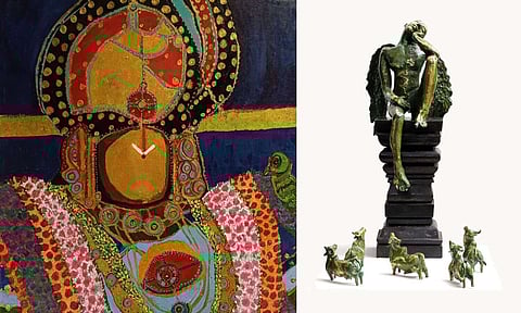 An art work from the Andal series by Sujatha Narayanan and Elanchezhiyan's Thinker sculpture (L to R)