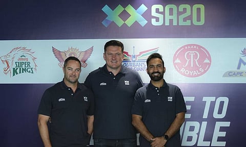 (L-R) Mark Boucher, Ambassador SA20, Graeme Smith, League Commissioner SA20, Dinesh Karthik, India Ambassador SA20 at SA20 India Day