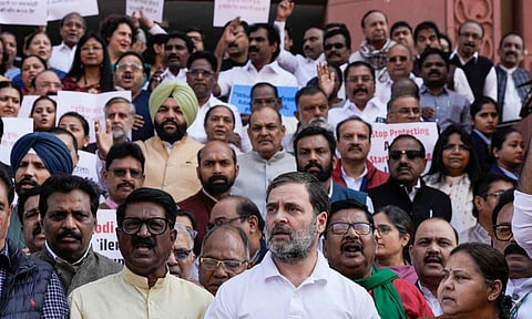 Leader of Opposition in the Lok Sabha Rahul Gandhi and other opposition MPs stage a protest during the Winter session of Parliament (PTI)