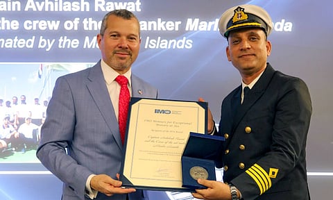 &nbsp;Captain Avhilash Rawat receives the 2024 International Maritime Organisation's (IMO) Award for Exceptional Bravery at Sea in London (PTI)