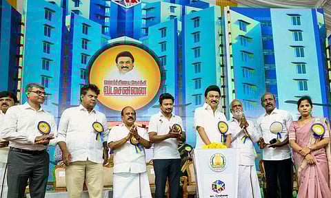 Tamil Nadu Chief Minister M K Stalin and Deputy CM Udhayanidhi Stalin during the foundation stone laying and inauguration of various projects under the North Chennai Development Plan. (Photo | Udhayanidhi Stalin/X)&nbsp;