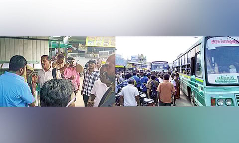 The drivers and conductors of TNSTC buses resorted to a flash strike in protest against cops&nbsp;