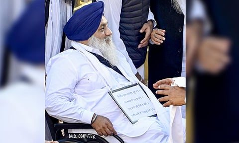 Sukhbir Singh Badal during the hearing of 'tankhaiya' (guilty of religious misconduct) case by the Akal Takht, in Amritsar, Monday, Dec. 2, 2024 (PTI)&nbsp;