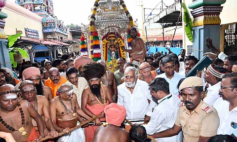 PK Sekarbabu inaugurating trial run of the silver chariot of Thirukadaiyur Arulmigu Amirthakadeswarar temple in Mayiladuthurai
