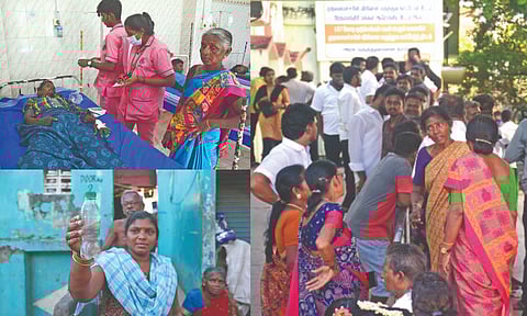 (L-R) Patients admitted to Chromepet GH; relatives waiting outside the hospital; a woman showing allegedly contaminated water