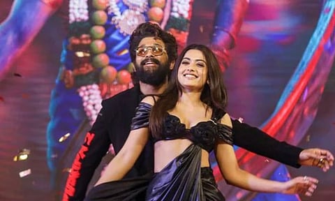 Telugu film actors Allu Arjun and Rashmika Mandanna during a promotional event for their film ’Pushpa 2: The Rule’i (PTI)&nbsp;