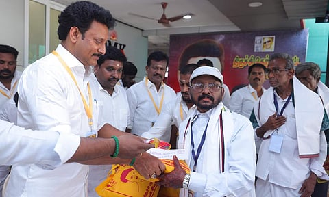 Minister Anbil Mahesh Poyyamozhi at a party programme in Tiruchy on Saturday