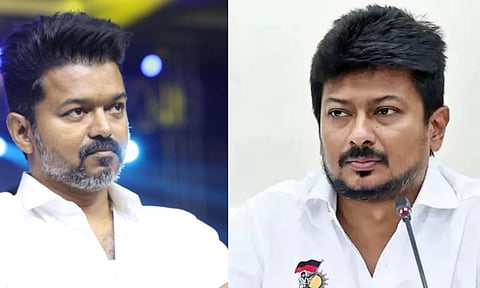 (L_R) TVK leader Vijay at Ambedkar's book event (Manivasagan); Deputy CM Udhayanidhi Stalin&nbsp;