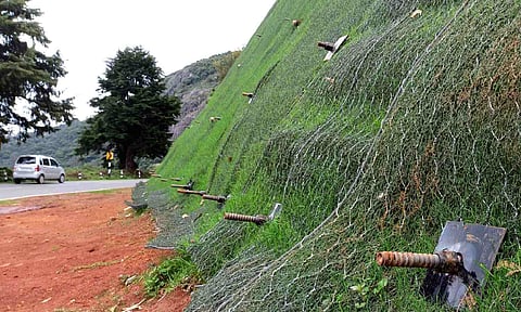 The slope stabilisation works under way along the Nilgiris ghat road