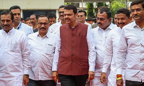 Maharashtra Chief Minister Devendra Fadnavis with other leaders arrives at Vidhan Bhavan during the Special session of Maharashtra&nbsp;Assembly&nbsp;(PTI)