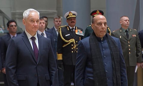 Russian Defense Minister Andrei Belousov and Indian Defense Minister Rajnath Singh attend a welcome ceremony in Moscow, Russia.(AP)