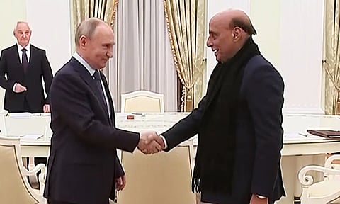 Defence Minister Rajnath Singh meeting with Russian President Vladimir Putin in Moscow on Tuesday