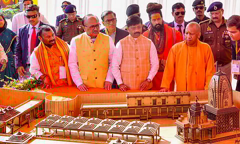 Uttar Pradesh Chief Minister Yogi Adityanath offers prayers at Akshayavat Temple amid preparations on the eve of Prime Minister Narendra Modi's visit to inaugurate and lay the foundation stone of several projects ahead of the Maha Kumbh Mela 2025 (PTI)