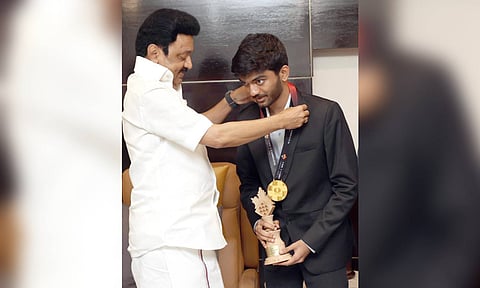 Chief Minister MK Stalin and World chess champion Gukesh Dommaraju (X)