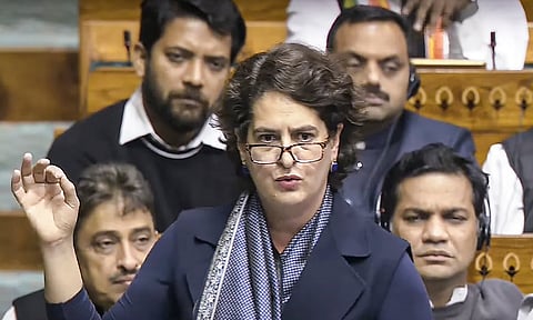 Congress MP Priyanka Gandhi Vadra speaks in the Lok Sabha during a discussion on 75th anniversary of the adoption of the Indian Constitution at the Winter session of Parliament (PTI)