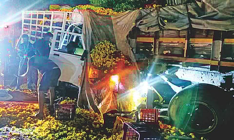 Mangled remains of load van and lorry on Salem-Namakkal National Highway