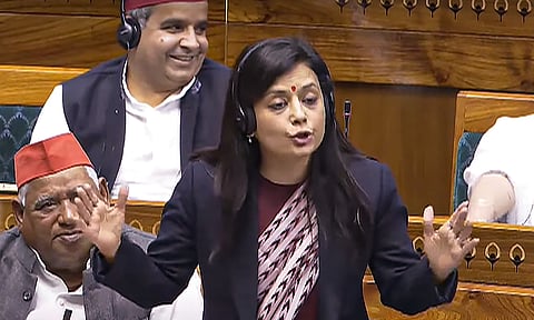 TMC MP Mahua Moitra speaks in the Lok Sabha during the Winter session of Parliament, in New Delhi (PTI)