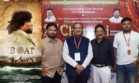 Poster of Boat; Boat team with AVM K Shanmugam at CIFF 2024