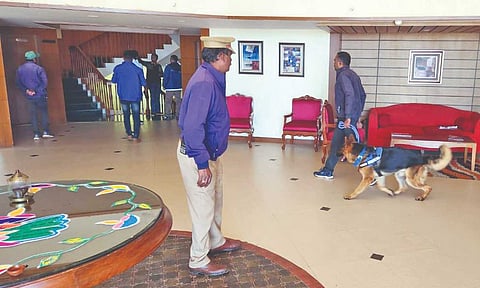 BDS personnel with a sniffer dog checking a private hotel in Ooty on Sunday