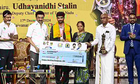 Chief Minister MK Stalin felicitating World Chess Champion Gukesh during the ceremony (Hemanathan)