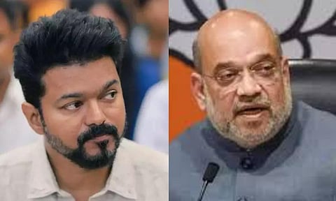 (L-R) TVK president Vijay; Union Home Minister Amit Shah