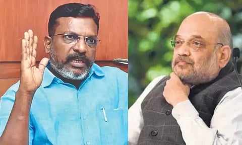 (L-R) VCK founder-president Thol Thirumavalavan; Home Minister Amit Shah&nbsp;