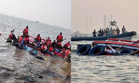 Passengers being rescued after a ferry capsized off Mumbai coast when a Navy craft crashed into it, Wednesday