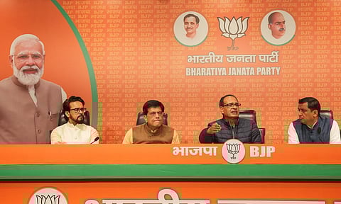 Union Ministers Shivraj Singh Chouhan and Piyush Goyal address a press conference, at BJP HQ in New Delhi, Thursday, Dec. 19, 2024. BJP MP Anurag Thakur is also seen (PTI)&nbsp;